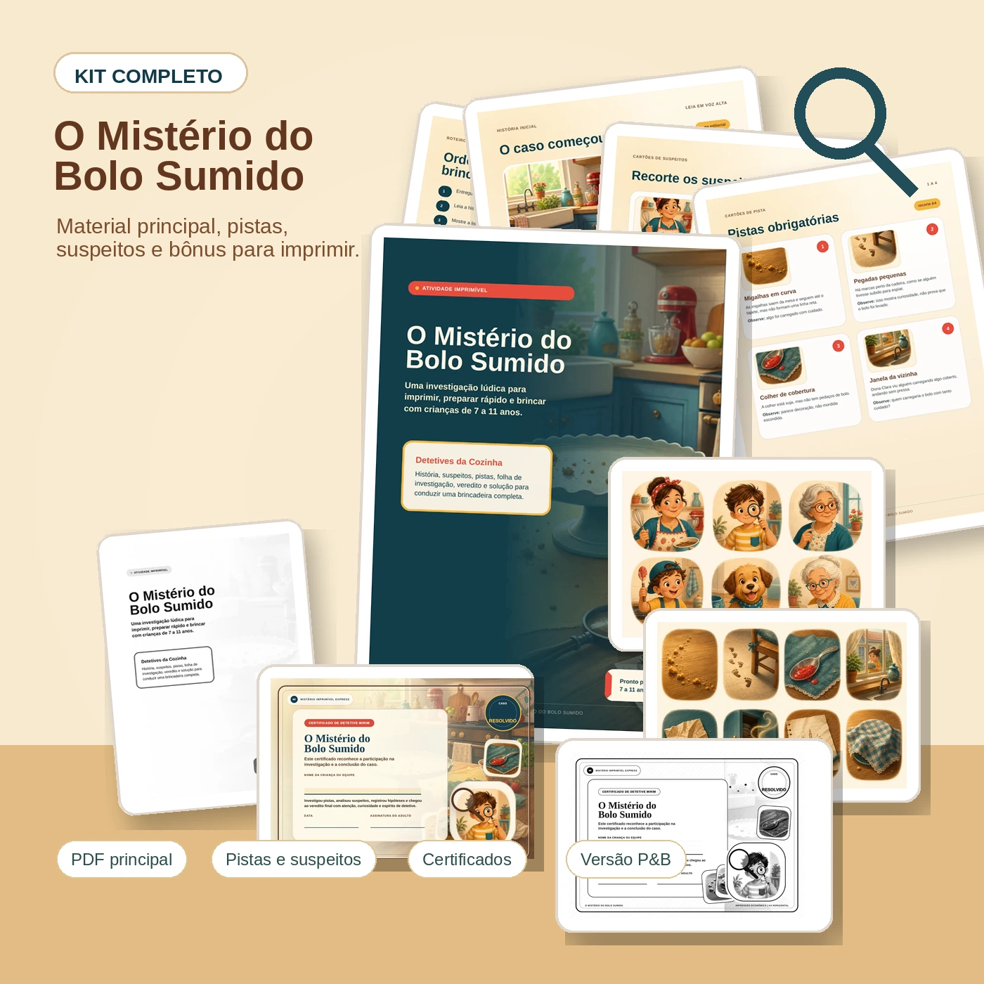 Mockup completo do kit O Mistério do Bolo Sumido