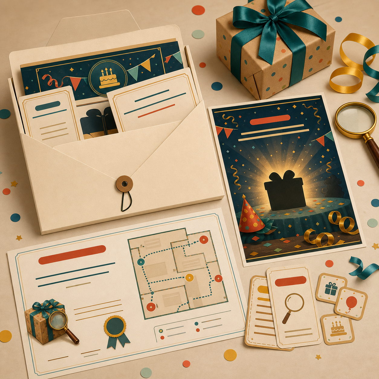 Envelope e peças do kit O Mistério do Presente Desaparecido
