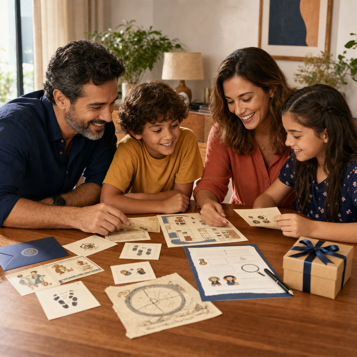 Família usando O Mistério do Presente Desaparecido na mesa com crianças